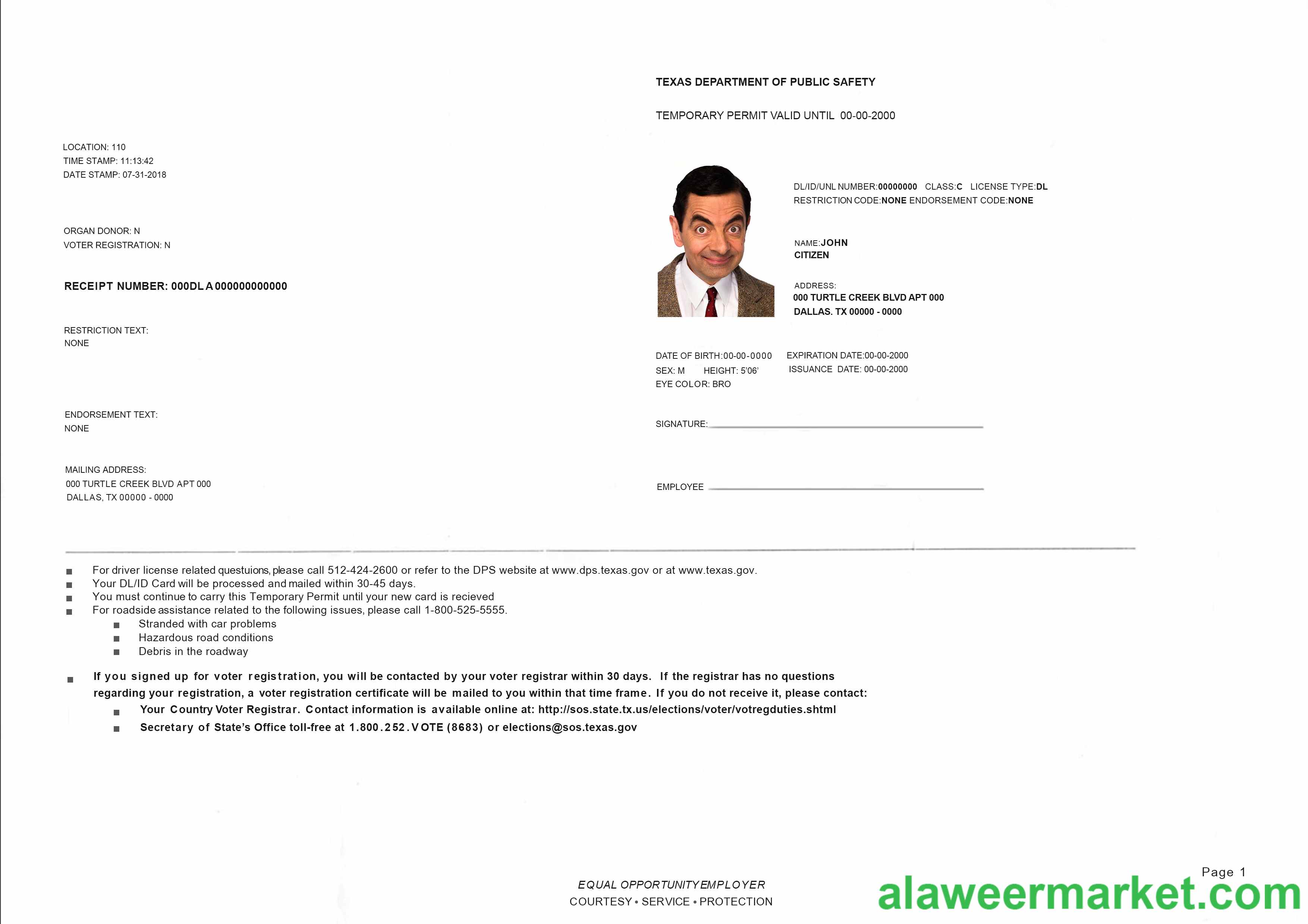USA Texas temporary driving permit PSD editable template